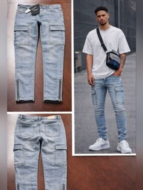 BOOHOO MAN Light Wash Cargo Jeans – Multi-Pocket Streetwear Fit, Zipper Hem